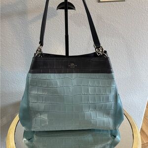 Coach Black and Teal Croc-Embossed Shoulder Bag